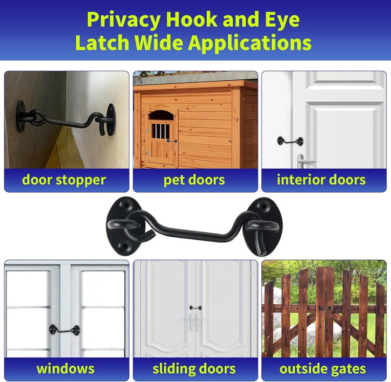 Dluno 4" Hook and Eye Latch 6-Pack, Heavy Duty Solid Stainless Steel Cabin Privacy Hooks Latch with Mounting Screws for Barn Doors, Bathrooms, Sliding Doors, Sheds, Blinds, Bedrooms. (Black) - Image 3